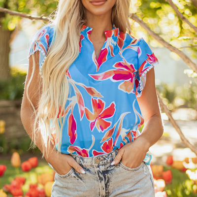 Vada Floral Pompom Trim Flutter Sleeve Blouse