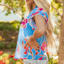  Vada Floral Pompom Trim Flutter Sleeve Blouse