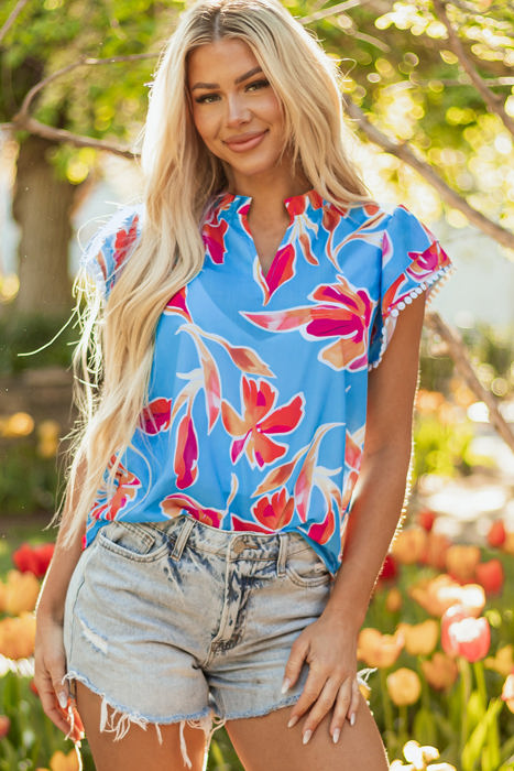 Vada Floral Pompom Trim Flutter Sleeve Blouse