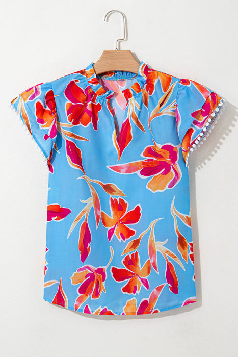 Vada Floral Pompom Trim Flutter Sleeve Blouse