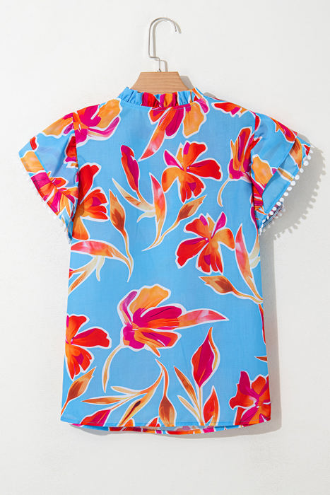 Vada Floral Pompom Trim Flutter Sleeve Blouse
