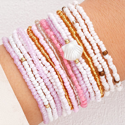 Pink Bohemian Beaded Shell Ornament Bracelet Set