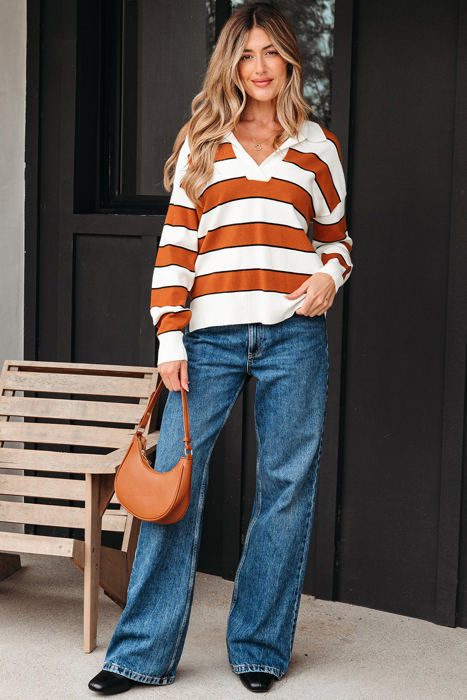 Valeria Stripe Ribbed Polo Collar Drop Shoulder Sweater