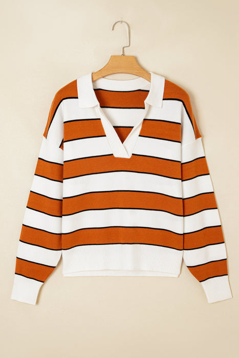 Valeria Stripe Ribbed Polo Collar Drop Shoulder Sweater