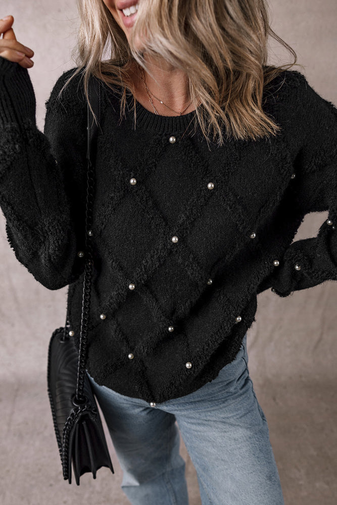 Valerie Pearl Embellished Rhombus Pattern Sweater