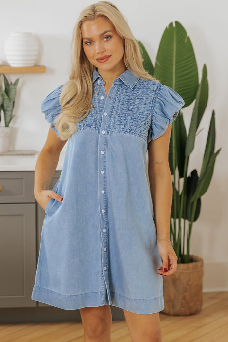 Vanessa Flutter Sleeve Button Up Denim Dress