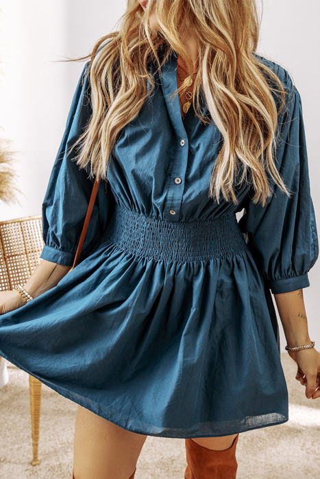 Vera 3/4 Sleeve Shirred High Waist Buttoned Dress