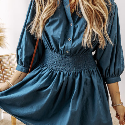 Vera 3/4 Sleeve Shirred High Waist Buttoned Dress