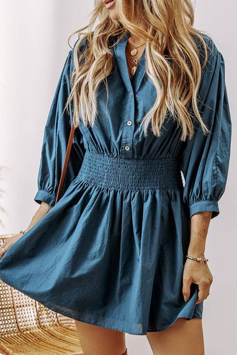 Vera 3/4 Sleeve Shirred High Waist Buttoned Dress