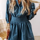  Vera 3/4 Sleeve Shirred High Waist Buttoned Dress