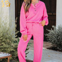  Vera Raw Edge Half Buttons Pullover and Jogger Pants Set