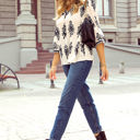  Vintage Geometric Printed V Neck Blouse