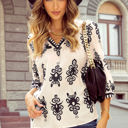  Vintage Geometric Printed V Neck Blouse