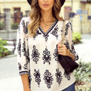  Vintage Geometric Printed V Neck Blouse