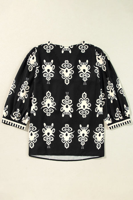 Vintage Geometric Printed V Neck Blouse