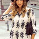 Beige XL Vintage Geometric Printed V Neck Blouse