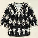 Black XL Vintage Geometric Printed V Neck Blouse