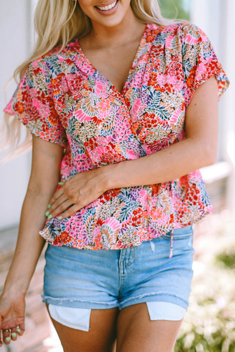 Violeta Surplice V Neck Floral Print Flutter Peplum Blouse