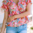  Violeta Surplice V Neck Floral Print Flutter Peplum Blouse