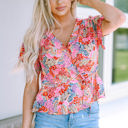  Violeta Surplice V Neck Floral Print Flutter Peplum Blouse