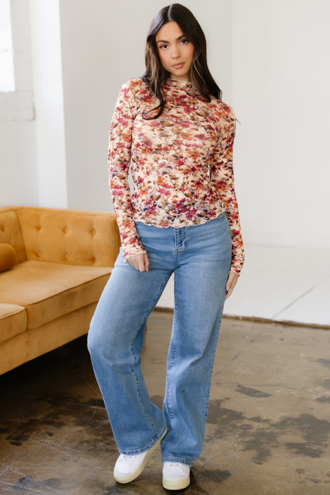 Virginia Floral Print Mesh Long Sleeve Top