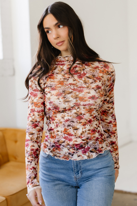 Virginia Floral Print Mesh Long Sleeve Top
