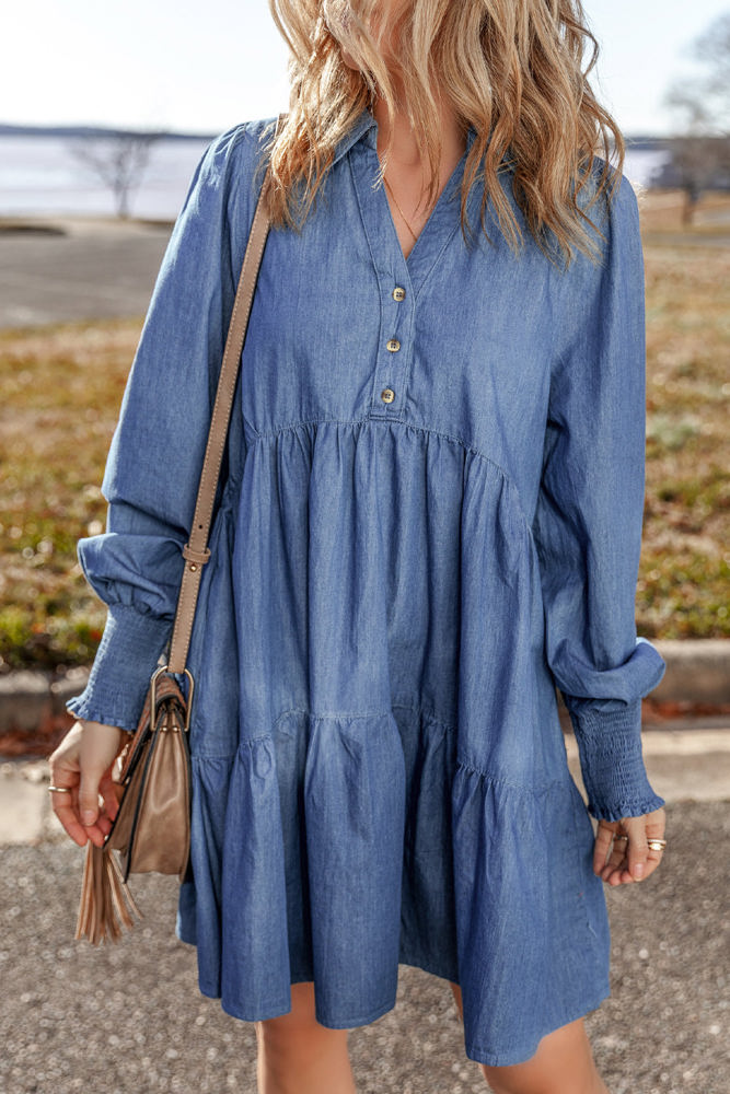 Vivian Buttoned Tiered Denim Mini Dress