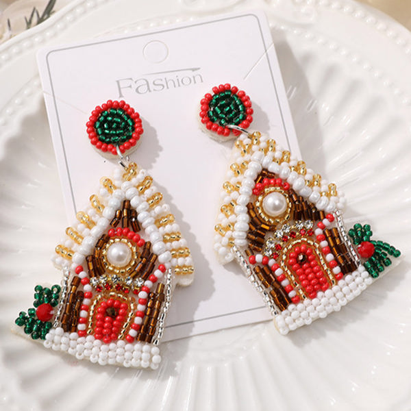 White Christmas Style House Beaded Stud Dangle Earrings