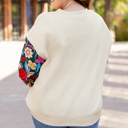 White Floral Patchwork Sleeve Textured Plus Size Pullover Top