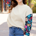  White Floral Patchwork Sleeve Textured Plus Size Pullover Top