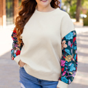  White Floral Patchwork Sleeve Textured Plus Size Pullover Top