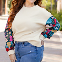 White Floral Patchwork Sleeve Textured Plus Size Pullover Top