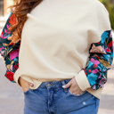  White Floral Patchwork Sleeve Textured Plus Size Pullover Top