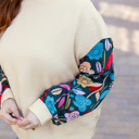  White Floral Patchwork Sleeve Textured Plus Size Pullover Top