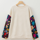  White Floral Patchwork Sleeve Textured Plus Size Pullover Top
