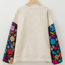  White Floral Patchwork Sleeve Textured Plus Size Pullover Top