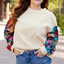 White 3X White Floral Patchwork Sleeve Textured Plus Size Pullover Top