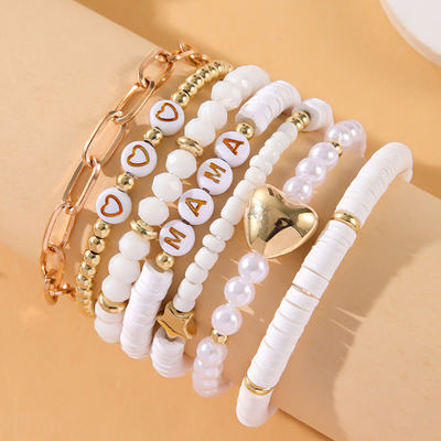 White MAMA Heart Pearl Layer Bracelet