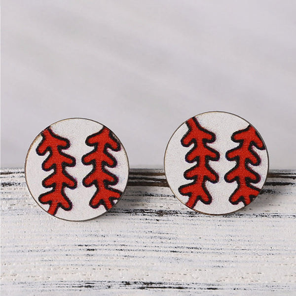 White Wooden Baseball Studded Earrings