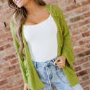 Spinach Green Large Whitley Crochet Knit Open Cardigan