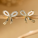  Winter Rhinestone Pearl Bow Earrings
