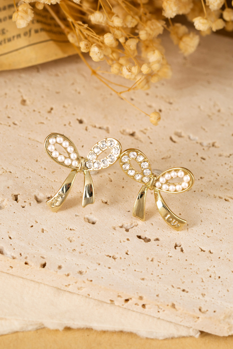 Winter Rhinestone Pearl Bow Earrings