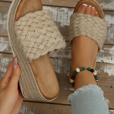 Woven Wide Band Platform Slippers