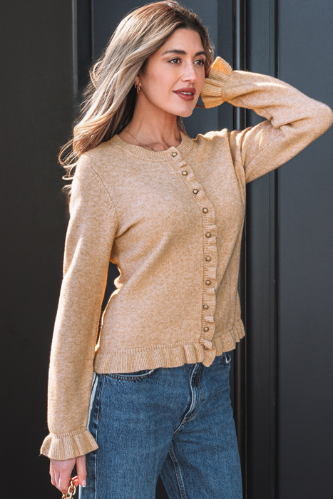 Yamileth Oatmeal Ruffle Trim Sweater