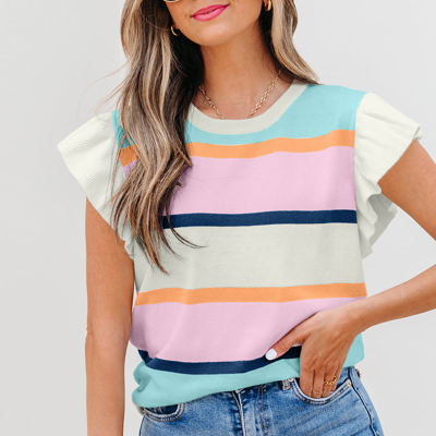 Yasmin Striped Flutter Sleeve Patchwork Top