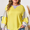  Yellow Striped Color Block Patchwork Crewneck Plus Size Pullover Sweatshirt