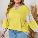  Yellow Striped Color Block Patchwork Crewneck Plus Size Pullover Sweatshirt