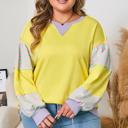  Yellow Striped Color Block Patchwork Crewneck Plus Size Pullover Sweatshirt