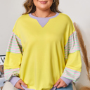  Yellow Striped Color Block Patchwork Crewneck Plus Size Pullover Sweatshirt