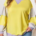 Yellow Striped Color Block Patchwork Crewneck Plus Size Pullover Sweatshirt
